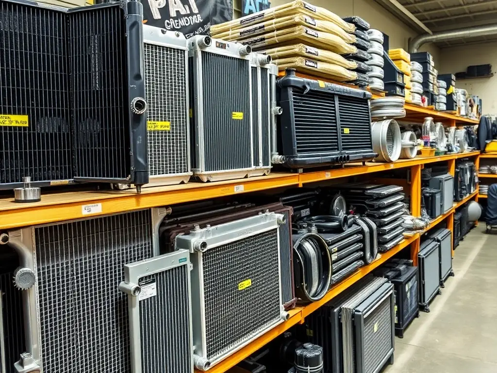 A display of various high-quality radiators, condensers, and A/C parts in a parts store setting. The parts should look new and well-organized, conveying a sense of quality and reliability.