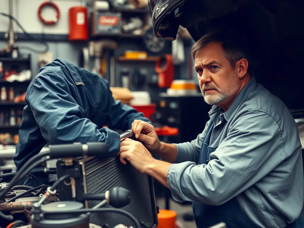A mechanic working on a radiator in a well-lit auto repair shop, with various tools and equipment visible in the background. The focus is on the mechanic's expertise and attention to detail.