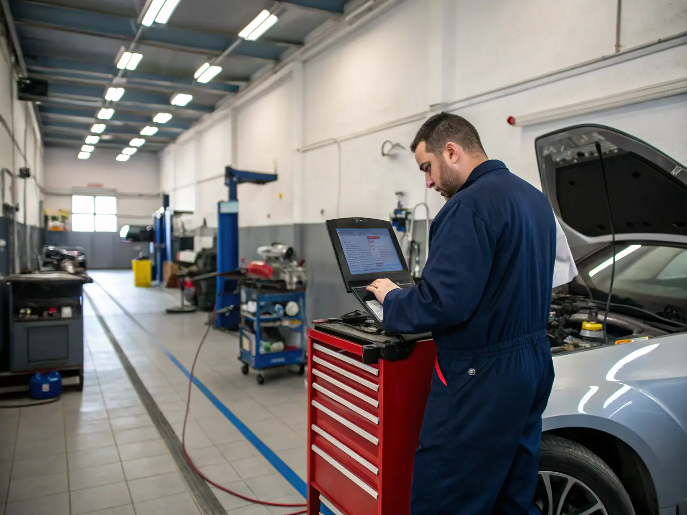 A technician servicing an A/C system in a car, with gauges and diagnostic tools connected to the system. The image should convey a sense of precision and expertise.